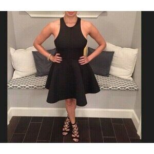 Silence + Noise Sz M Scuba Black Fit and Flare Mini Dress Skater Cut Out Halter